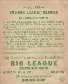 1933 Goudey (R319) #198 Jack Burns Back