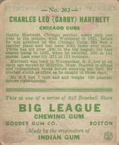 1933 Goudey (R319) #202 Gabby Hartnett Back