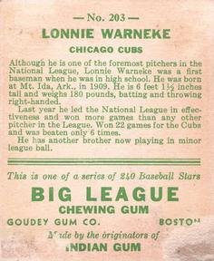 1933 Goudey (R319) #203 Lon Warneke Back