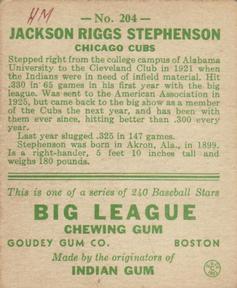 1933 Goudey (R319) #204 Riggs Stephenson Back