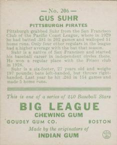 1933 Goudey (R319) #206 Gus Suhr Back
