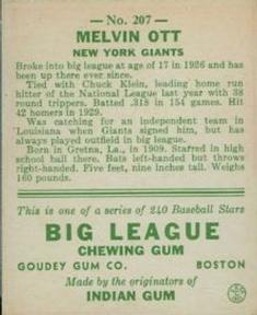1933 Goudey (R319) #207 Mel Ott Back