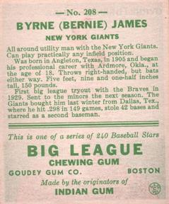 1933 Goudey (R319) #208 Bernie James Back