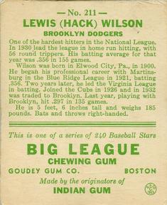 1933 Goudey (R319) #211 Hack Wilson Back