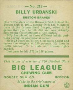 1933 Goudey (R319) #212 Billy Urbanski Back