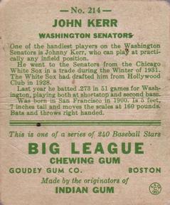 1933 Goudey (R319) #214 John Kerr Back