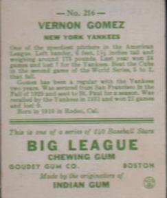 1933 Goudey (R319) #216 Vernon Gomez Back