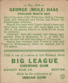 1933 Goudey (R319) #219 Mule Haas Back