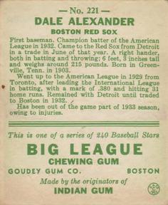 1933 Goudey (R319) #221 Dale Alexander Back