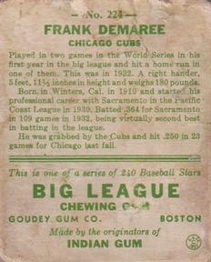 1933 Goudey (R319) #224 Frank Demaree Back
