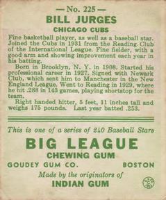 1933 Goudey (R319) #225 Billy Jurges Back