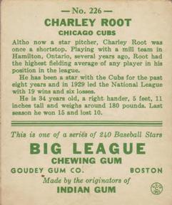 1933 Goudey (R319) #226 Charlie Root Back
