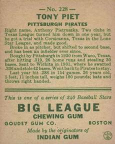 1933 Goudey (R319) #228 Tony Piet Back