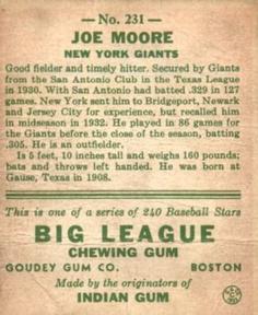 1933 Goudey (R319) #231 Jo-Jo Moore Back