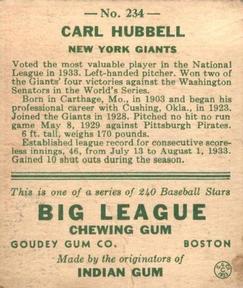 1933 Goudey (R319) #234 Carl Hubbell Back