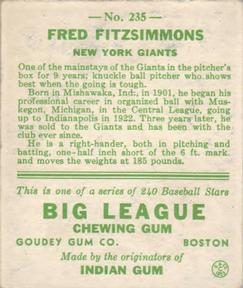 1933 Goudey (R319) #235 Freddie Fitzsimmons Back