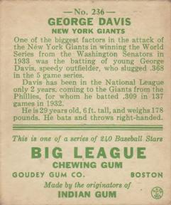 1933 Goudey (R319) #236 Kiddo Davis Back