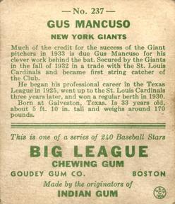1933 Goudey (R319) #237 Gus Mancuso Back