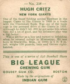 1933 Goudey (R319) #238 Hughie Critz Back