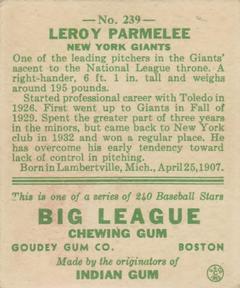 1933 Goudey (R319) #239 Roy Parmelee Back