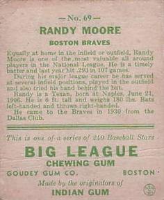 1933 Goudey (R319) #69 Randy Moore Back