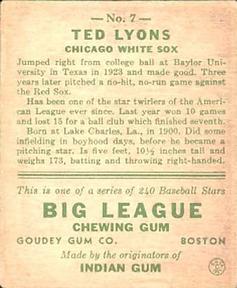 1933 Goudey (R319) #7 Ted Lyons Back