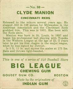 1933 Goudey (R319) #80 Clyde Manion Back