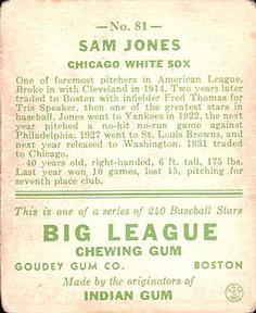 1933 Goudey (R319) #81 Sam Jones Back