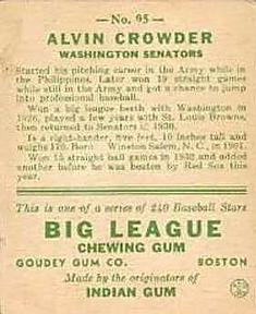 1933 Goudey (R319) #95 Alvin Crowder Back