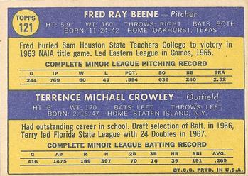 1970 Topps #121 Orioles 1970 Rookie Stars (Fred Beene / Terry Crowley) Back