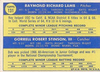 1970 Topps #131 Dodgers 1970 Rookie Stars (Ray Lamb / Bob Stinson) Back