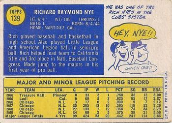 1970 Topps #139 Rich Nye Back