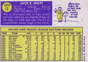1970 Topps #13 Jack Hiatt Back