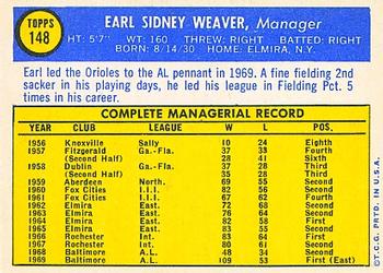 1970 Topps #148 Earl Weaver Back