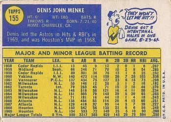 1970 Topps #155 Denis Menke Back