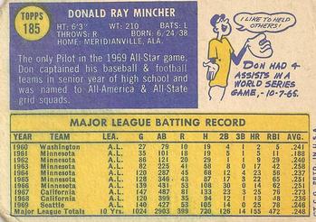 1970 Topps #185 Don Mincher Back