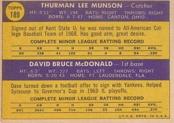 1970 Topps #189 Yankees 1970 Rookie Stars (Thurman Munson / Dave McDonald) Back