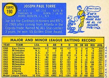 1970 Topps #190 Joe Torre Back