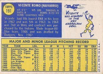 1970 Topps #191 Vicente Romo Back