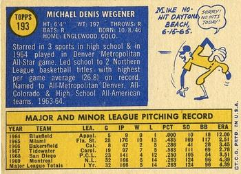 1970 Topps #193 Mike Wegener Back