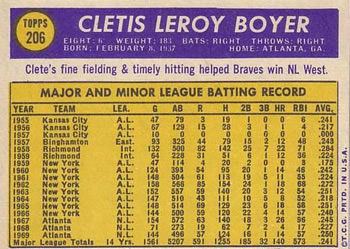 1970 Topps #206 Clete Boyer Back