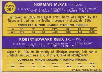 1970 Topps #207 Tigers 1970 Rookie Stars (Norman McRae / Bob Reed) Back