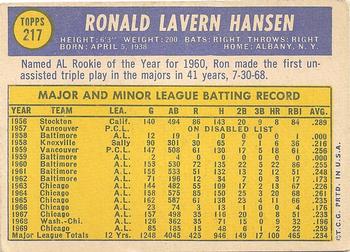 1970 Topps #217 Ron Hansen Back