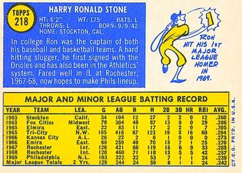 1970 Topps #218 Ron Stone Back