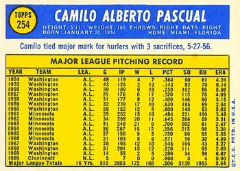 1970 Topps #254 Camilo Pascual Back
