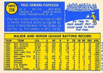 1970 Topps #258 Paul Popovich Back
