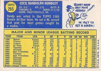 1970 Topps #265 Randy Hundley Back
