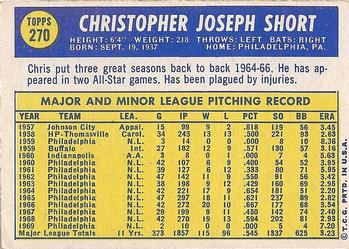 1970 Topps #270 Chris Short Back