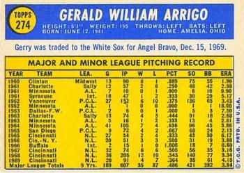 1970 Topps #274 Gerry Arrigo Back