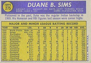 1970 Topps #275 Duke Sims Back